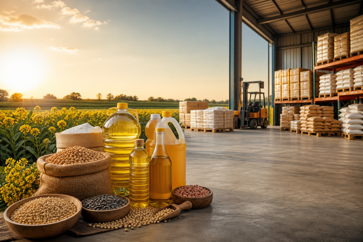 Organized agro supply warehouse with edible oil and commodity products